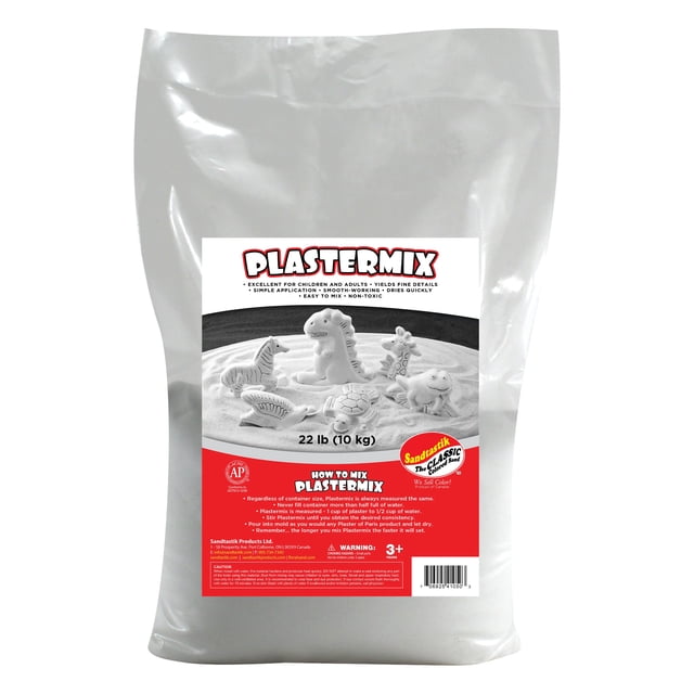 Sandtastik Plastermix Plaster of Paris Casting Compound in Arctic White, 10 kg bag. The packaging displays instructions for mixing and drying times, along with molded animal figures demonstrating the fine detail achievable for ceramic molding and pottery casting. Ideal for arts and crafts projects, including kids' activities, classroom projects, and camps.