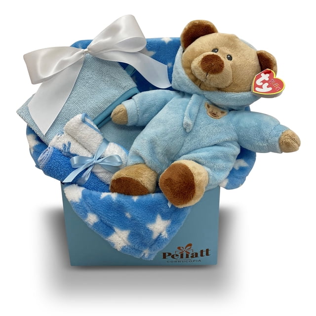 Newborn Baby Boy Gift Basket with Fleece Blanket, Teddy Bear, Washcloths, Bathtime Accessory
