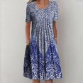 thumbnail image 5 of QJUHUNG Midi pour Femmes Été Décontracté Ample Bohème à Imprimé Floral Col Ras du Cou Manches Courtes Longueur Genou Robe Froncée avec Poches, 5 of 5