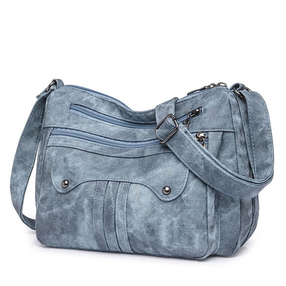 Sac à Bandoulière Bleu Grande Capacité Sac Fourre-Tout en Cuir Lavé pour Femmes Sac Polyvalent pour Maman Sac Bandoulière avec Sangle Ajustable Multiples Poches Sac à Main Style Vintage pour Usage Quotidien