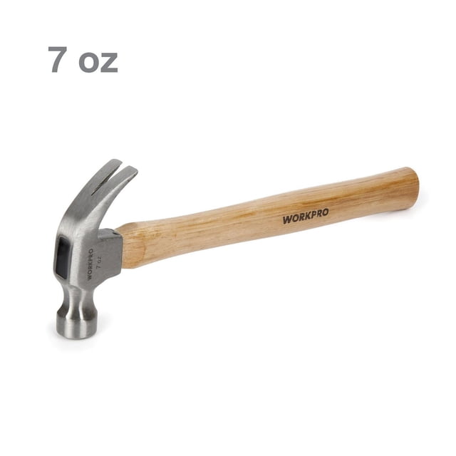 WorkPro 7 Oz Wooden Claw Hammer with polished hardwood handle and drop-forged steel head, designed for hammering and nail removal in hand tools, featuring a smooth face and curved claw, shown on a white background.