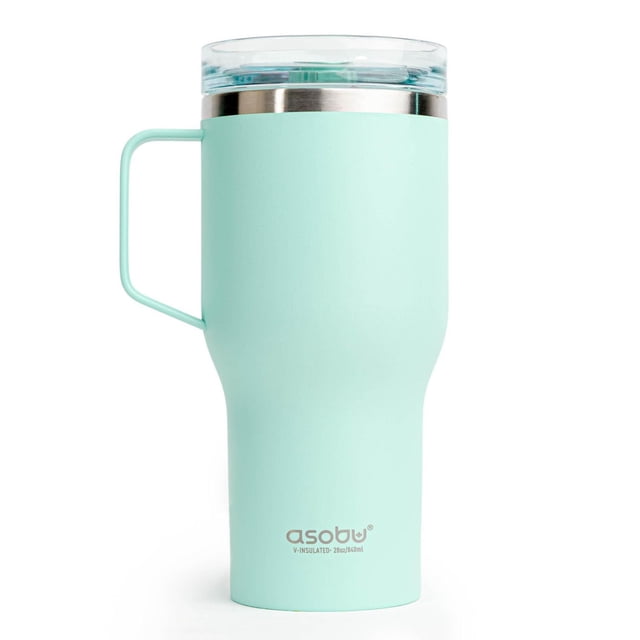 Asobu 360 Tasse en turquoise Pâle avec Rebord en Acier Inoxydable et Couvercle 360 Transparent Anti-Éclaboussures, Poignée Ergonomique, Intérieur Revêtu de Céramique et Isolation sous Vide à Double Paroi pour Garder les Boissons Chaudes Ou Froides, Convient aux Porte-Gobelets standard pour Véhicule et Idéale pour le Voyage.