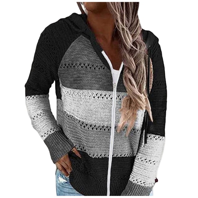 2025 Femmes Décontracté Patchwork Cardigan Surdimensionné Femmes Manches Longues Chandail à Capuche Cardigan en Maille Blouse