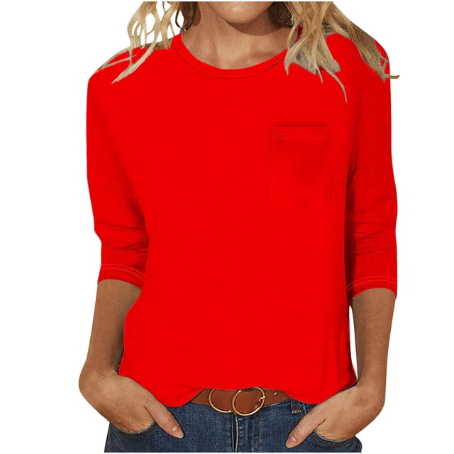 Haut Décontracté pour Femmes, Couleur Unie, Col Rond, Manches 3/4 et Poche à Manches 3/4