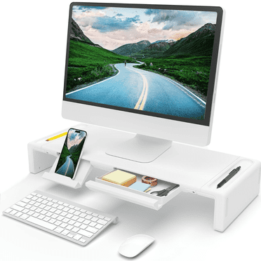 Rehausseur Pliable pour Moniteur d'Ordinateur, Support d'Ordinateur à Longueur Réglable avec Tiroir de Rangement et Fente pour Stylet, Support pour Téléphone Compatible Ordinateur, de Bureau, Portable, Gain de Place (Blanc)