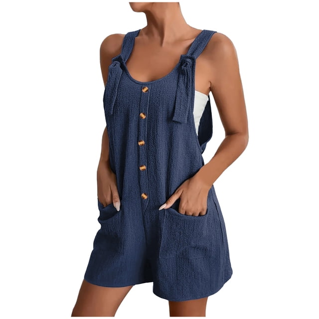 EQWLJWE Combishort Salopette pour Femmes, Combishorts Combinaisons Courtes pour Femmes, Combishort d'Été Sans Manches pour Femmes avec Bretelles à Nœud Ajustables, Combishorts Salopette avec Poches