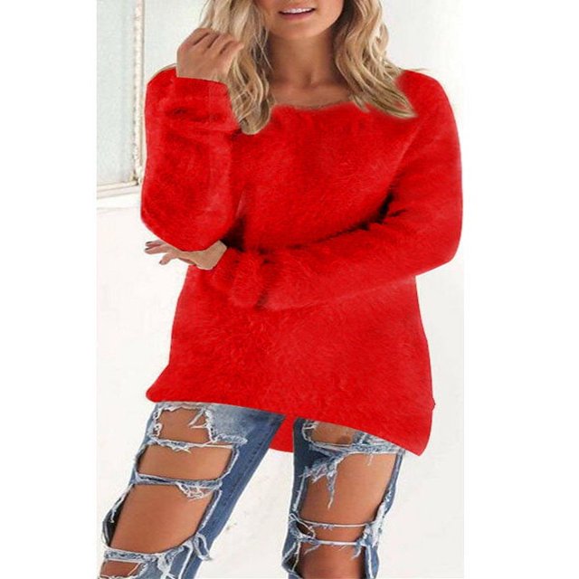 Women Winter Fleece Fluffy Sweater Jumper Plain Pullover Tops Blouse