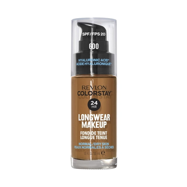 Revlon ColorStay Longwear Makeup for Normal/Dry Skin in shade 600, a 30 ml liquid foundation with SPF 20 and hyaluronic acid, offering 24-hour hydration and long-lasting wear in a clear bottle with black pump and cap.