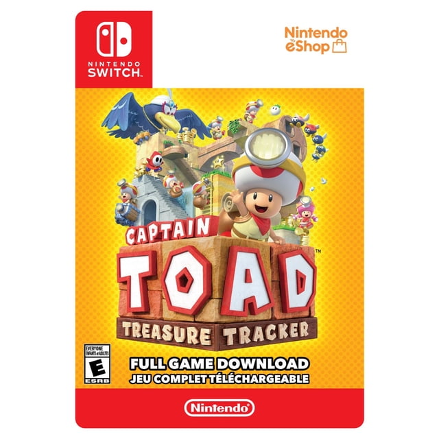 Captain Toad: Treasure Tracker Nintendo Switch digital code cover featuring Captain Toad with a headlamp waving, Toadette, Shy Guys, and a large bird enemy on a yellow dotted background with Nintendo Switch and eShop logos, suitable for Nintendo Switch download and cooperative play.