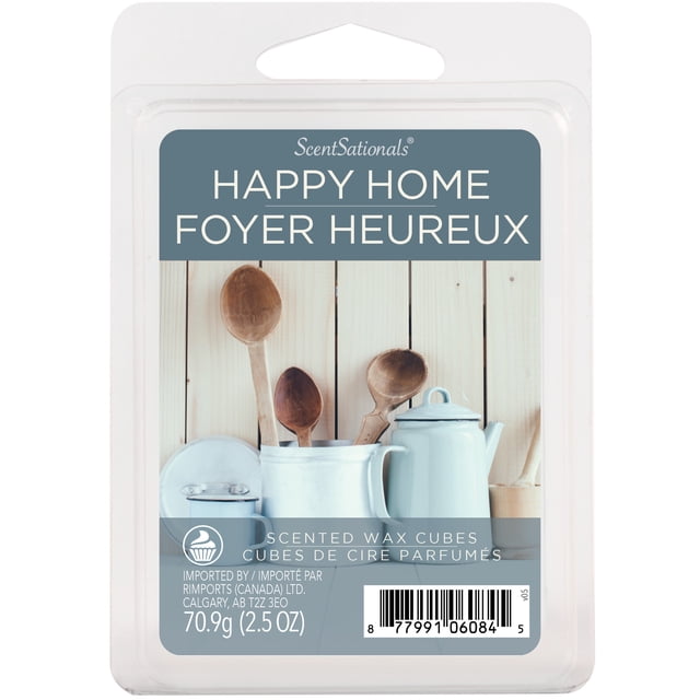 ScentSationals Scented Wax Cubes - Happy Home in a clear plastic clamshell package with a label showing wooden spoons in a white container and a light blue enamel teapot on pale wood background, containing 70.9g (2.5 oz) of wax melts for electric warmers that release a zesty candied orange, lemon lime, and vanilla cookie scent, ideal for home fragrance and creating a welcoming atmosphere.