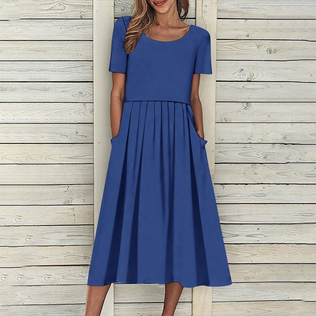 Robes d'Été pour Femmes 2025 Zeophrasy Robe de Vacances Décontractée pour Femmes, Fête, Quotidien, Plissée, Col Rond, Unie, Manches Courtes, avec Poche, Liquidation à Moins de 5