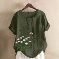 thumbnail image 2 of Pisexur Hauts pour Femmes Décontractés en Lin Col Rond Grande Taille Imprimé Manches Courtes T-shirt Blouse, Hauts d'Été pour Femmes Vert Armée, G, 2 of 5