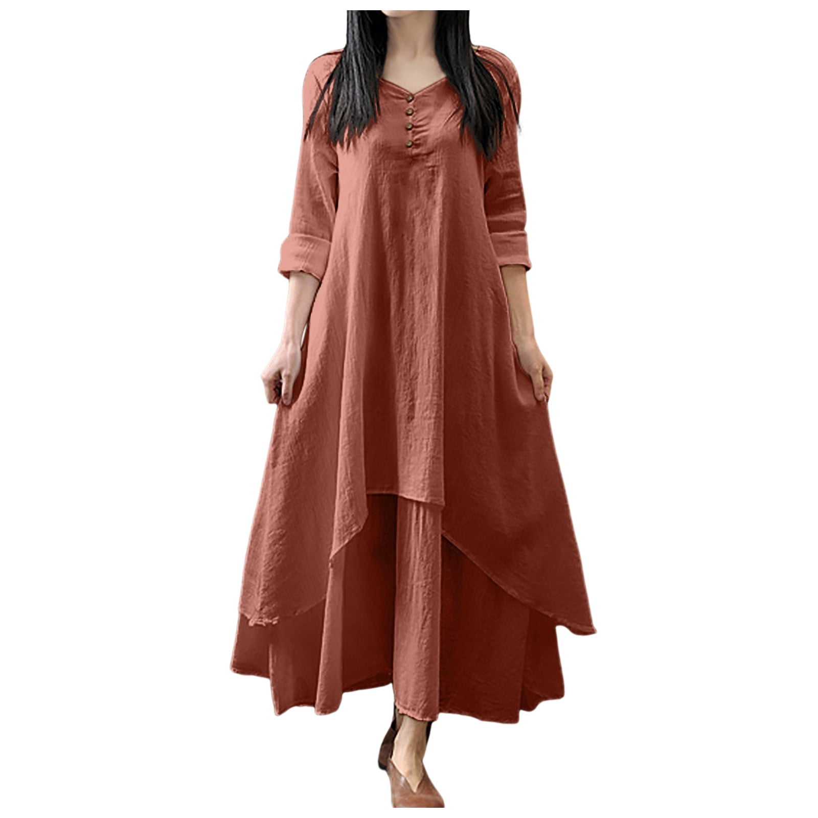 XDZJLR Robes pour Femmes Formelles Dames Deux Grandes Évasées Lin Ample à Manches Longues Robe en Lin