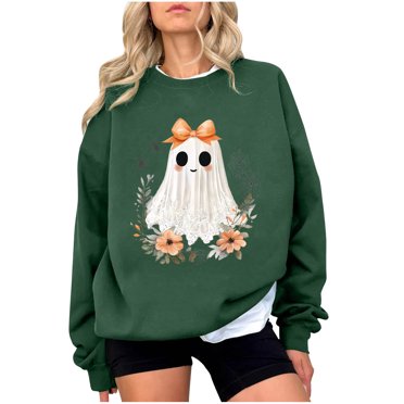 LMKIHUSA Chandail à Col Rond pour Femmes Halloween, Mignon Fantôme Toile d'Araignée Graphique, Chandail à Manches Longues, Hauts Saison Effrayante, Tenues Mode Automne 2025, Vert Armée, TG