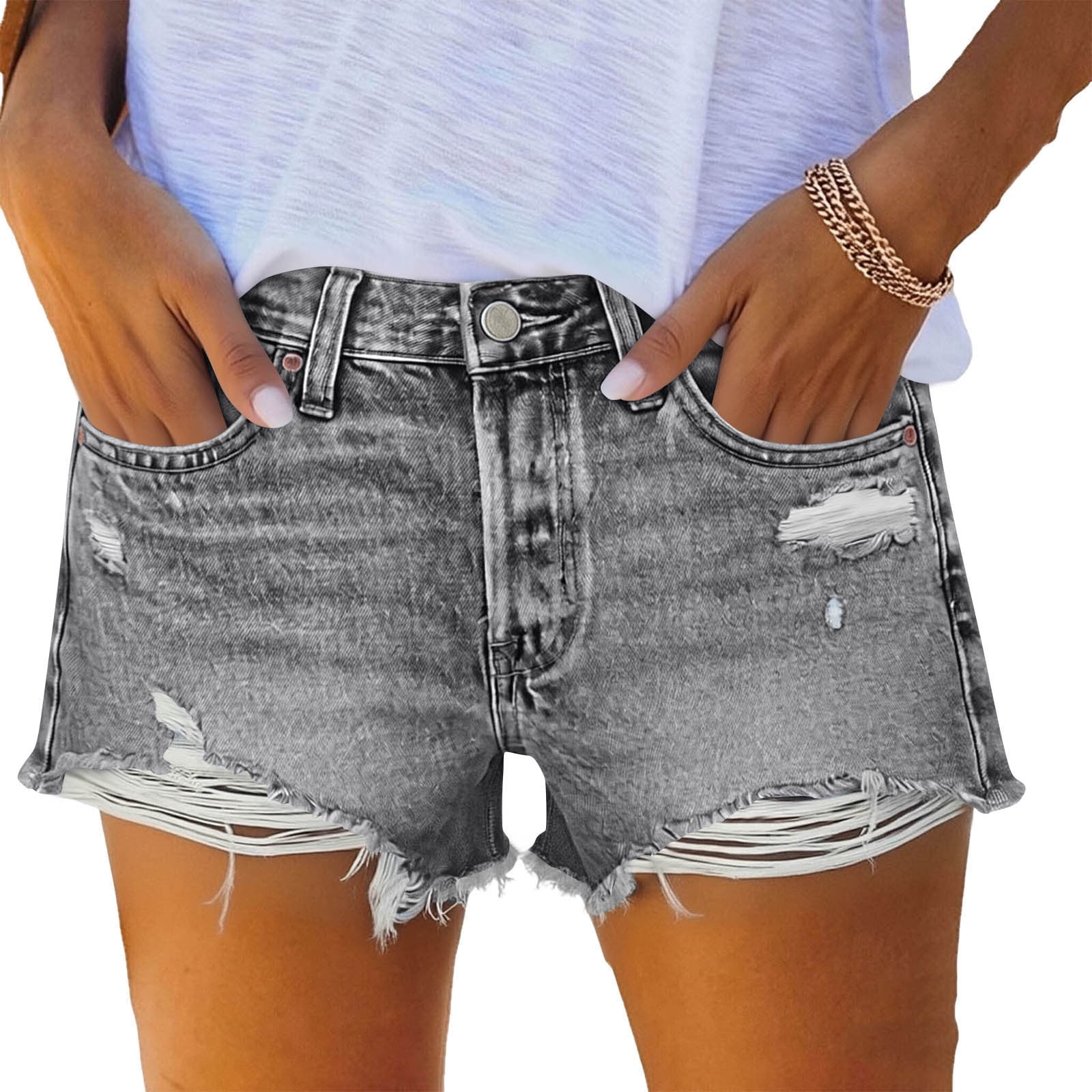 Nfurl Jean Shorts for Women Ripped Low Rise Button Zipper Denim