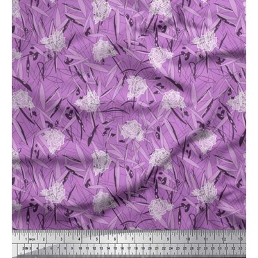 Soimoi Satin Silk Fabric Leaves & Rose Floral Print Sewing Fabric Yard 42 Inch Wide
