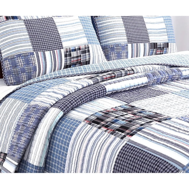 Comforter Set Queen Size 3-Piece Coverlet Set for Night Sleep Bedding Quilt with Green Yellow Blue Plaid Striped Real Patchwork
