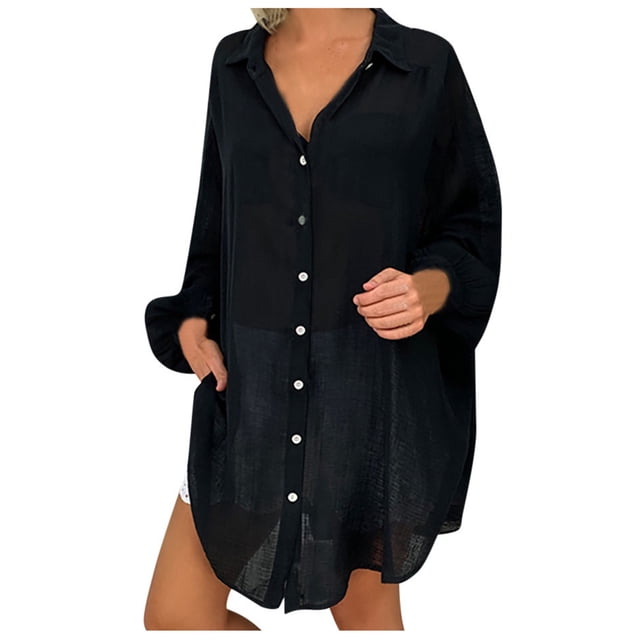 Birdeem Tuniques pour Femmes Amples Décontractées T-Shirt à Col à Revers Dames Manches Longues Blouse à Boucle Hauts