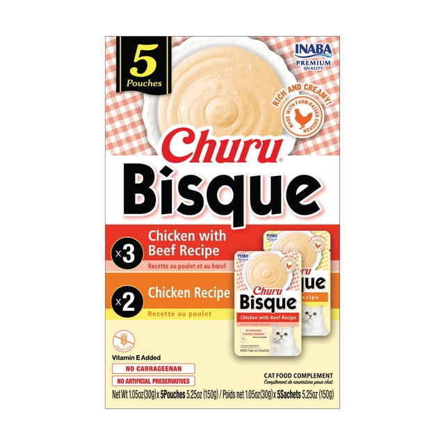 INABA Churu Bisque – Chicken Variety 5-Pack with 3 Chicken with Beef and 2 Chicken Recipe pouches, creamy lickable purée bisque cat food with added vitamin E, free from carrageenan and artificial preservatives, 150g total weight, suitable as a wet food topper or side dish.