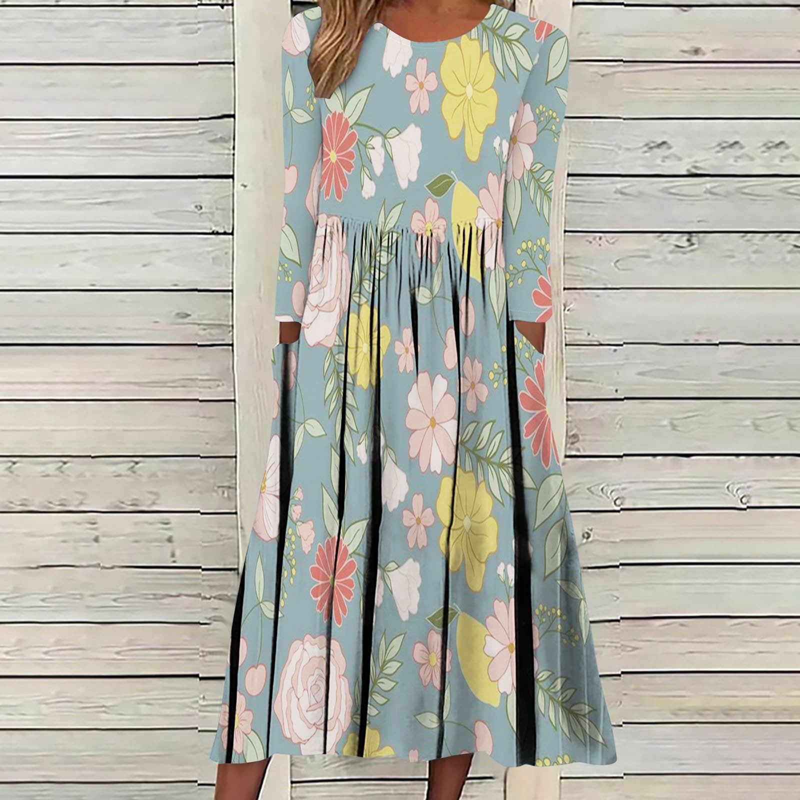 Vendredi Fou TIMIFIS Robe Maxi pour Femmes d'Automne à la Mode, Manches Longues, Col en V, Décontractée, Ample, Longue, avec Poches, Robe de Retour à la Maison