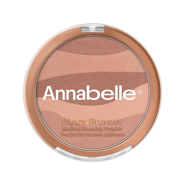 Annabelle Biggy Bronzer Talc-Free Radiant Bronzing Powder in a round compact with a clear lid, showing tri-color bronzing powder with wavy stripes in warm beige and brown shades, designed for a natural sun-kissed glow suitable for all skin types and tones.