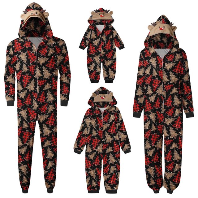 Christmas Family Matching Jumpsuits Pajamas Santa/Tree/Print Hooded Long Sleeve Zipper Onesie Rompers Pjs