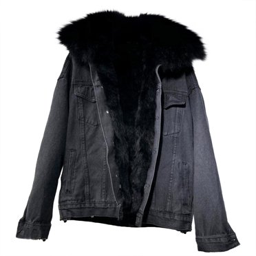Bmisegm Manteau en Denim Épaissi pour Femme, Manteau d'Hiver Tout Ample en Coton, Manteau en Coton à Grand Col Amovible, Vestes pour Femmes, Noir G