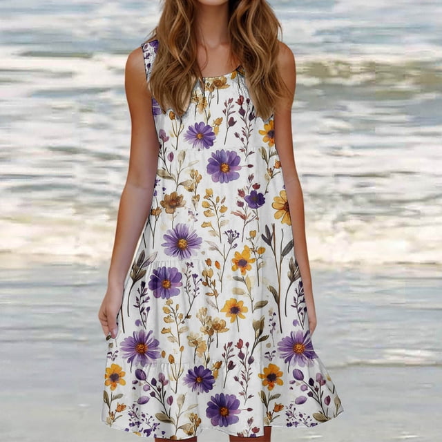 Ovzne Robes d'Été pour Femmes Robe d'Été Mode pour Femmes Vacances d'Été Couleur Unie Sans Manches Robe de Fête de Plage Grande Taille Robe Maxi Imprimée Liquidation
