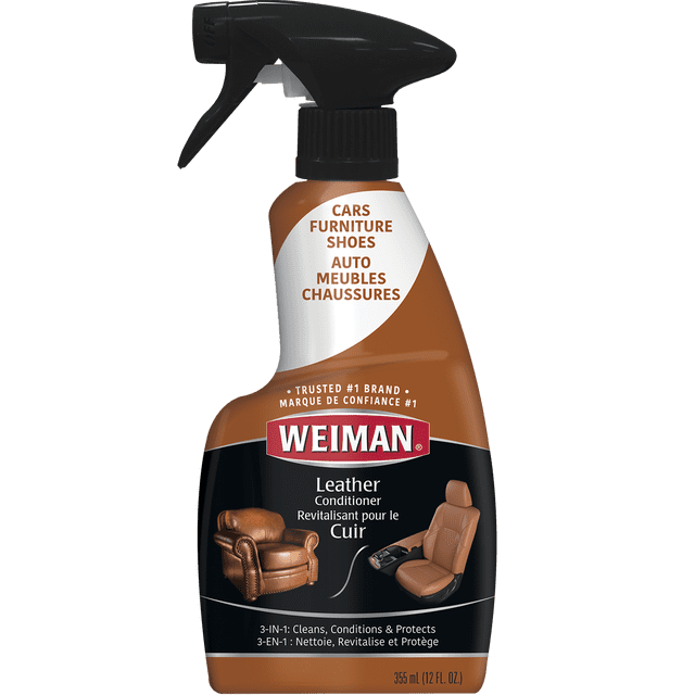Weiman Leather Cleaner and Polish Trigger spray bottle with black trigger and brown body, labeled for cars, furniture, and shoes, featuring images of a brown leather armchair and tan leather car seat, 355 ml (12 fl. oz.), a leather conditioner that cleans, conditions, and protects leather surfaces while preventing drying and cracking.