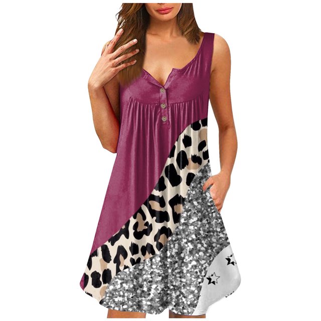 EGNMCR Robes de Fête pour Femmes Robes d'Été pour Femmes Col Rond Imprimé Sans Manches Tuniques Robes Grande Taille Robes T-Shirt