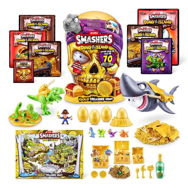 Smashers Dino Island Gold Treasure Hunt by ZURU, an interactive toy playset with a skull-shaped treasure chest wearing a purple bandana, collectible dinosaur and shark figures, golden eggs, treasure chests, pirate figurine, map, and sand playset elements for action figure playsets and treasure hunt adventures.