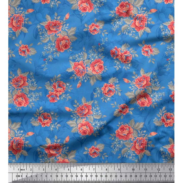Soimoi polyester Crepe Fabric Leaves & Rose Floral Print Fabric by Yard 42 Inch Wide