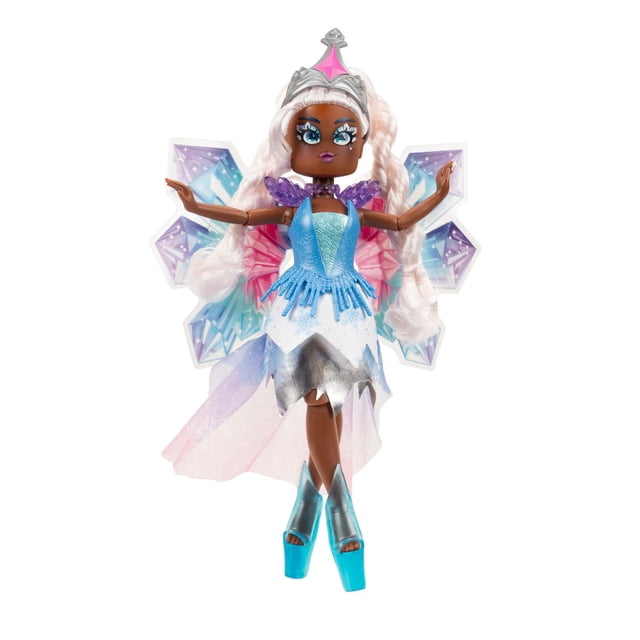 Royale High 9” Fashion Dolls – Chromae the Ice Fairy doll with dark skin tone wearing a blue and white dress with icy mountain patterns, translucent purple and pink fairy wings, silver crown with pink gem, long pale pink braided hair, and blue platform heels, posed with arms outstretched on a white background.