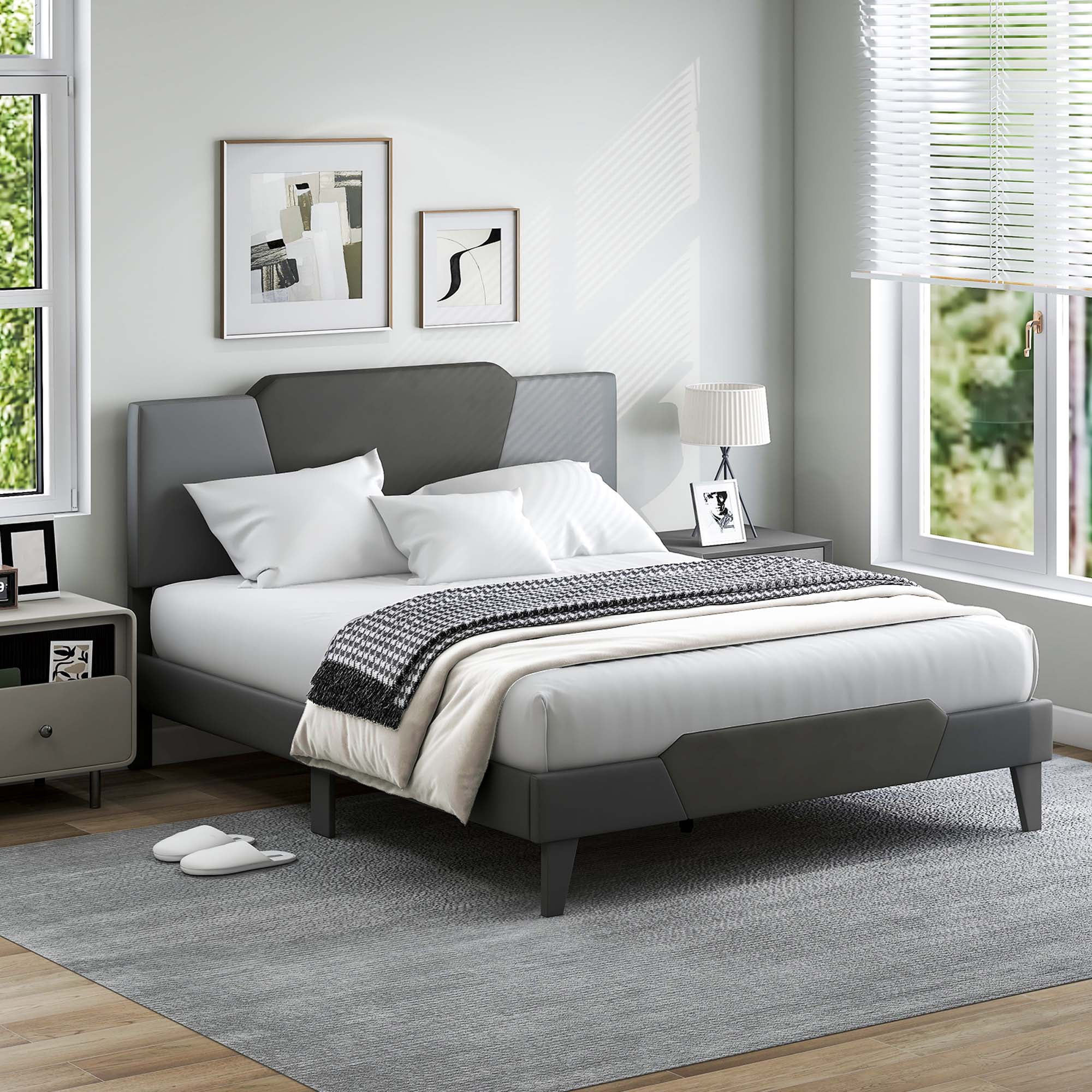Costway Lit Plateforme Rembourré Format Grand Tête de Lit en Velours Base de Matelas