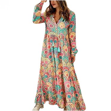 Pisexur Robe Longue pour Femmes Mode Casual Robe à Manches Longues Été V-Cou Vintage Imprimé Robe Longue en Vrac Robe