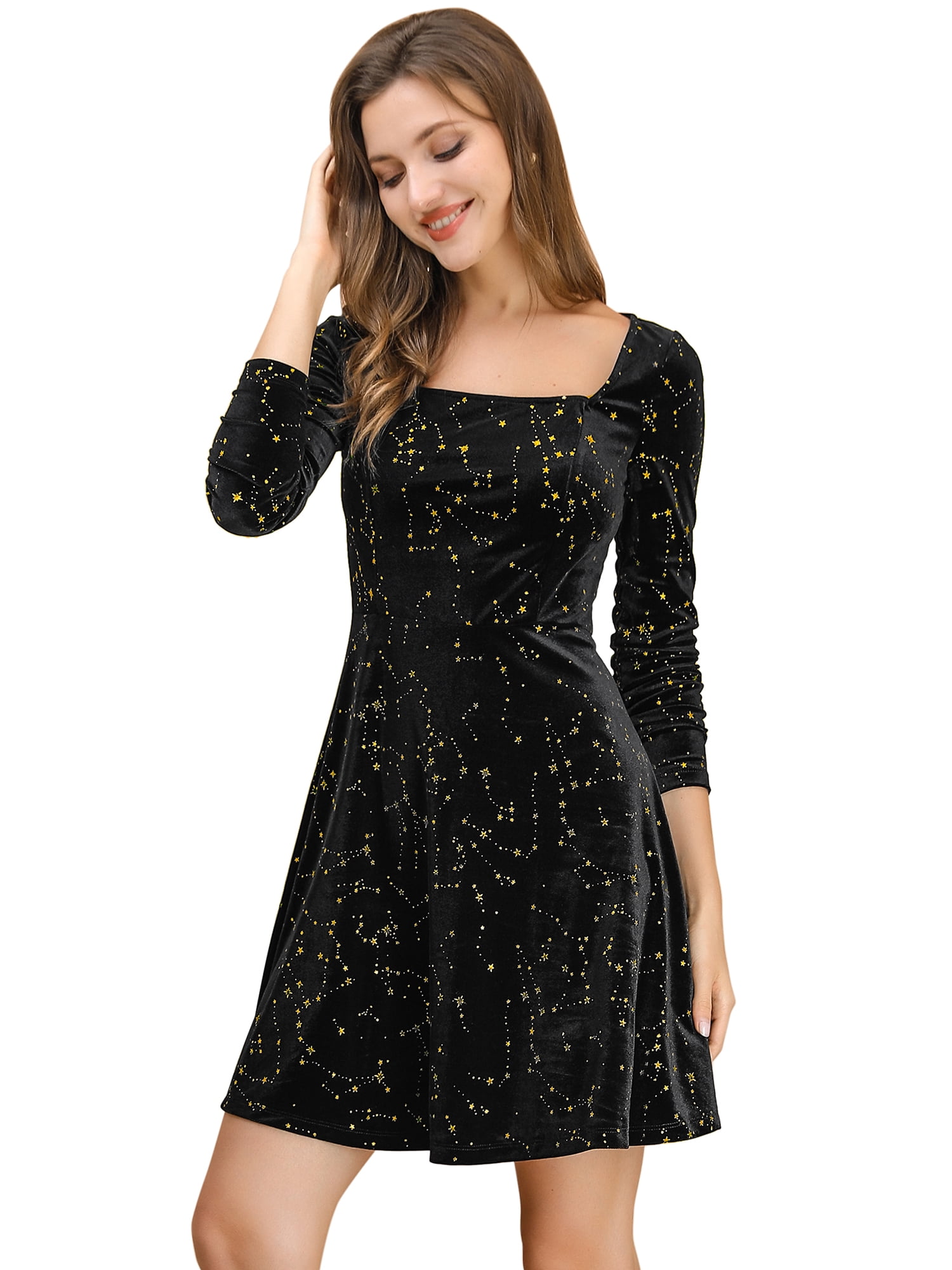 INSPIRE CHIC Women's Stars Velvet Square Neck Vintage Mini Dresses