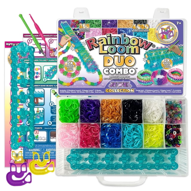 Rainbow Loom Duo Combo bracelet making kit with a clear organizer case holding 4000 latex-free rubber bands in assorted colors, 150 jewel beads, 150 C-clips, 2 turquoise Rainbow Loom boards, 2 hooks, and 2 Happy Looms in purple and yellow. Includes instructions and is designed for ages 7 and up to promote fine motor skills and creative jewelry crafting.