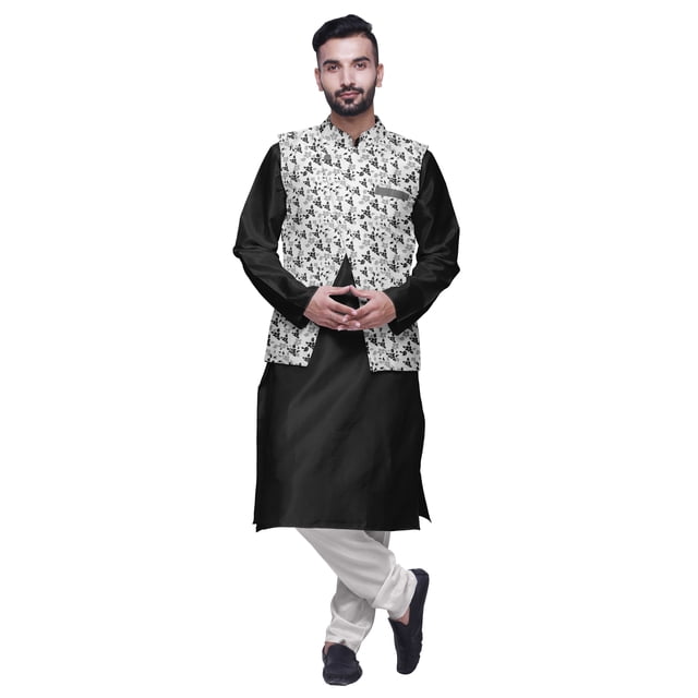 Atasi Indian Long Kurta Men Solid Kurta Pajama With Printed Nehru Jacket Set