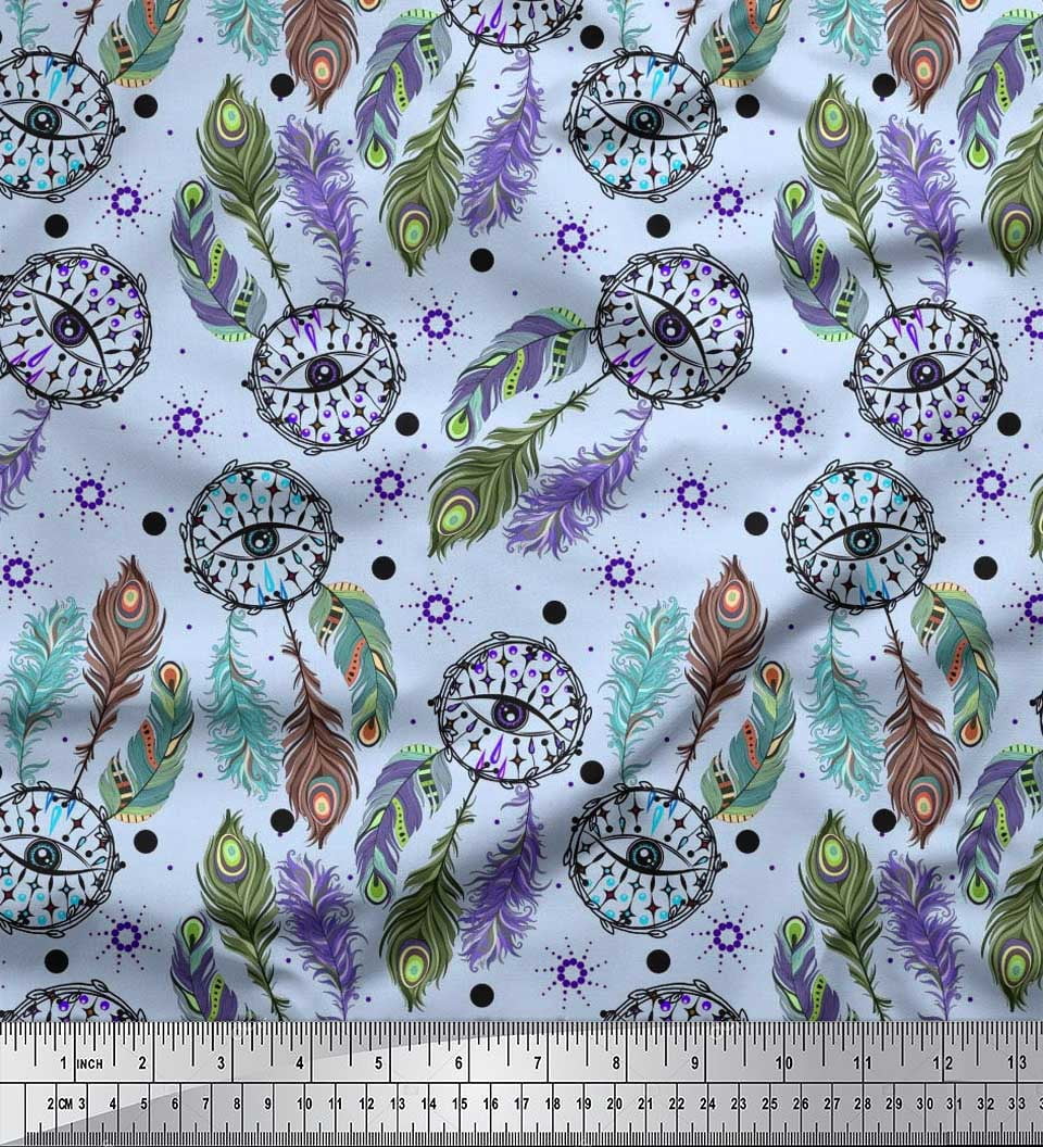 Soimoi Poly Georgette Fabric Eye,Dot & Peacock Feather Print Fabric by The Yard 52 Inch Wide
