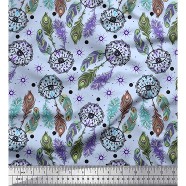 Soimoi Polyester Crepe Fabric Eye,Dot & Peacock Feather Fabric Prints by Yard 52 Inch Wide