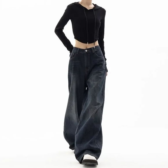 Vintage Black Wide Leg Jeans Women Oversize High Street Korean Baggy Denim Trousers