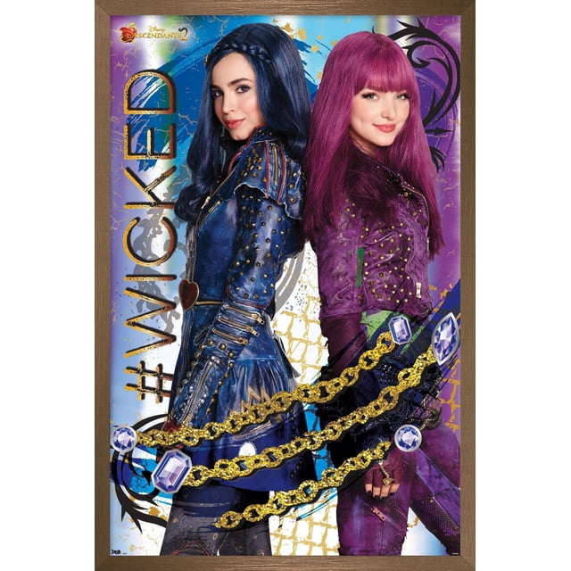 Disney Descendants 2 - Wicked Affiche Murale, 14,725 Po x 22,375 Po Encadrée, Représentant Deux Personnages en Tenues en Cuir Bleu et Violet Cloutées, Debout l'Un derrière l'Autre, avec Chaîne Dorée et Graphiques de Gemmes sur un Fond Abstrait vibrant, avec Texte #Wicked, Convient pour Décorer des Chambres, des Résidences Étudiantes Ou des Espaces de Vie.
