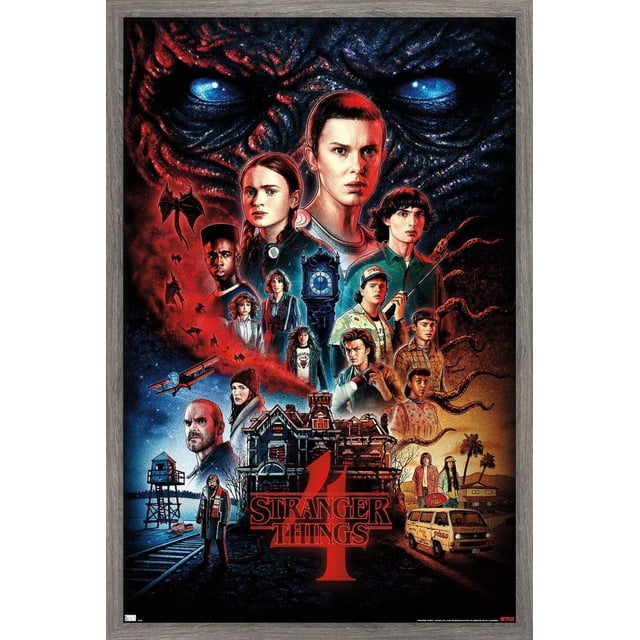 Netflix Stranger Things: Season 4 - One Sheet Wall Poster, 22.375" x 34" framed, featuring a collage of main characters with a large dark monster face with glowing blue eyes in the background. The design includes a vintage clock tower, haunted house, watchtower by railroad tracks, and Scoops Ahoy ice cream van against a red and blue gradient sky. This lightweight framed poster has a premium satin finish, ideal for bedrooms, dorms, or offices.