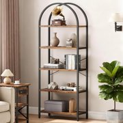 5 Tier Arched Bookshelf, Industrial Open Back Bookcase, Modern Freestanding Display Shelving Unit Storage Rack with Metal Frame for Bedroom Living Room, Brown