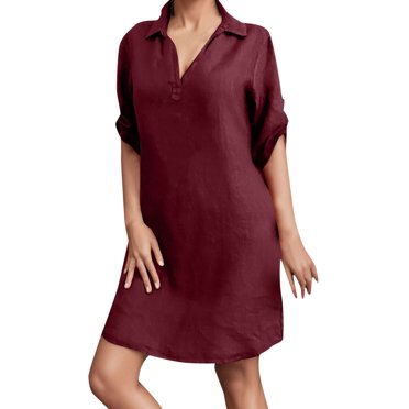 HAJGJP Robes pour Femmes Grande Taille Robe pour Femme en Lin Col Envoy Uni Plage Décontractée Robe Ample