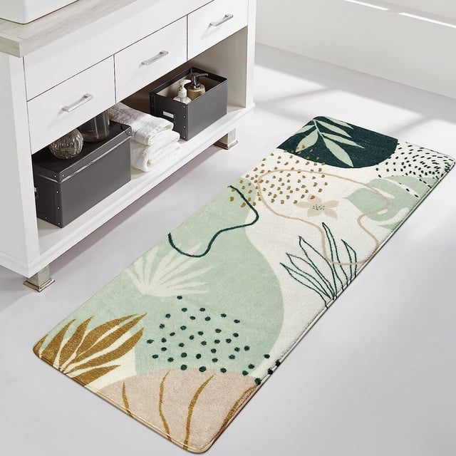 Bathroom Runner Rug Green Botanical Long Bath Mat Non-Slip Modern Boho Bath Rug Soft Velvet Machine Washable Floor Mats Aesthetic Design for Bathroom Tub Shower,17''''x47''''