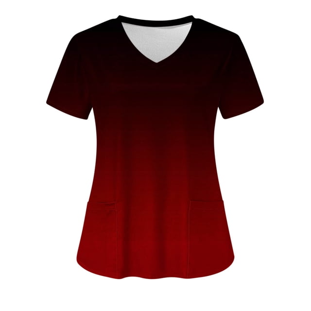 TIMIFIS Scrub for Women Nurse Uniforms Tops V Neck Gradient Color Short Sleeve Nursing Tops with Pockets - Spring/Summer