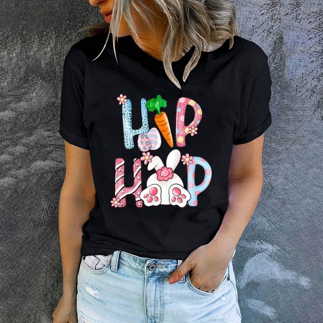 EGNMCR Chemises de Pâques pour Femmes Chemises Imprimé de Pâques T-shirt Col Rond Mode et Confortable Haut à Manches Courtes Col Rond/chemise T-Shirts pour Femmes