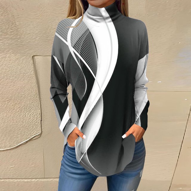 Birdeem T-shirt à Col Montant Imprimé à Manches Longues et Épaules Dénudées pour Femme en Motif Abstrait Noir et Blanc. le Haut Présente une Encolure Haute, des Manches Longues et une Coupe Ample, Style Décontracté avec jeans Bleus. Fabriqué en polyester Léger, Il Est Conçu pour le Confort et la Polyvalence, Convient aux Sorties Décontractées, aux Fêtes Ou au Travail. Offert en Tailles P à TTTG.