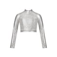 thumbnail image 1 of RUNQHUI Enfants Filles Col Roulé Métallique Danse Crop Top Paillettes Manches Longues pour Danse Raves Festivals Sports Argent 16, 1 of 5